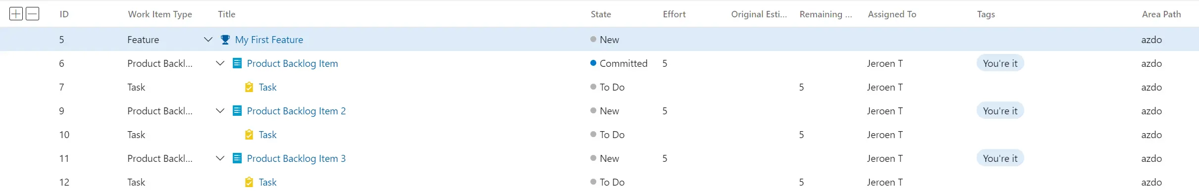 Work Item Query - Sample Results /2022/05/azure-boards-bulk-planning/WorkItemQuerySampleResults.webp